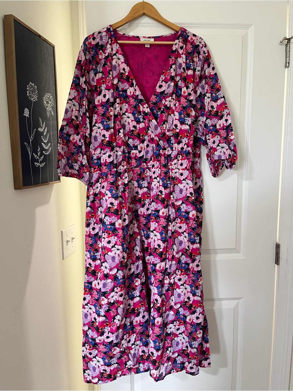 Vibrant Pink Floral Wrap Midi Dress with V-Neck